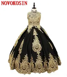 Сексуальное черное и Золотое кружевное платье с цветочным узором для девочек, модель 2019 года, бальное платье с высоким воротом и корсетом