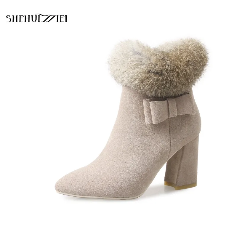 

SHEHUIMEI Cow Suede Real Fur Rabbit Hair Solid Women Boots Pointed Toe Dowager High Heels Zipper Punk Style Bowtie Ankle Boots