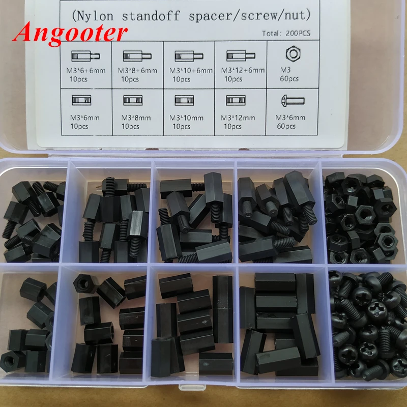 

200pcs M2 M2.5 M3 Black hex nylon standoff spacer column for PCB motherboard Fixed Plastic spacing screws Hex Nut Mix Boxes