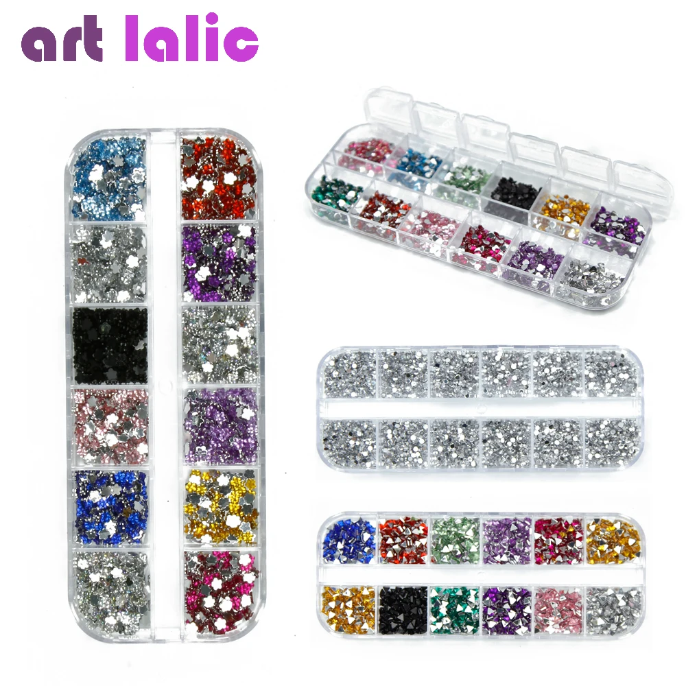 3600Pcs Nail Art Rhinestones 3D Silver 2mm Round Mix Teardrop Heart