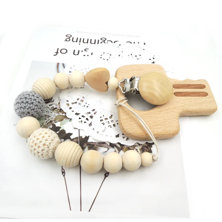Set of grey and cream crochet bead wooden heart big key teether beech baby teethers pacifier clip dummy holder NT241 Set of grey and cream crochet bead wooden heart big key teether beech baby teethers pacifier clip dummy holder NT241