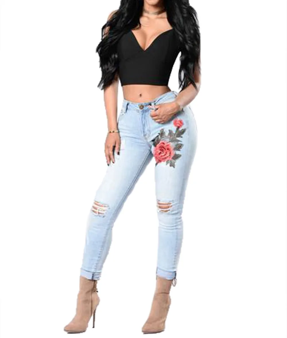 Rose Embroidered Pants Casual Floral Embroidered Leggings Distressed