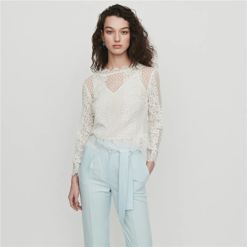 

2019 New Women White Lace Long Sleeve Short Blouse Shirt and Lining Top Set