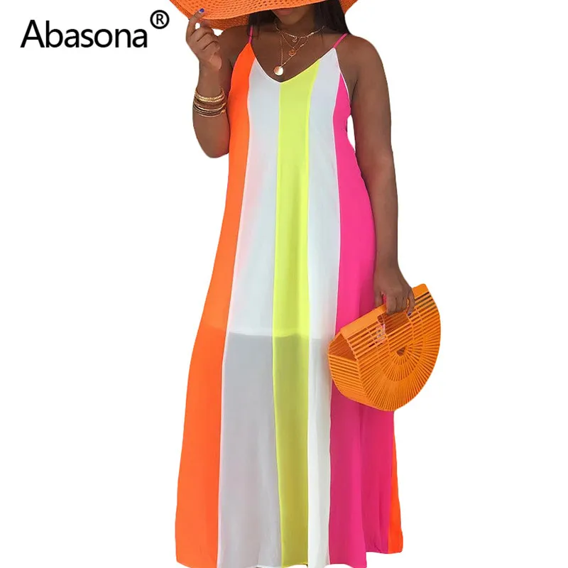 

Abasona Women Chiffon Summer Beach Dress Striped Print Long Maxi Dress Straps V Neck Loose Chic Sexy Party Boho Bohemian Dresses