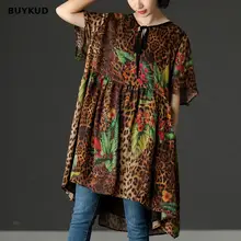 

BUYKUD Leopard Floral Print Women Dress 2018 Spring Summer Casual Loose A Line Dress Vintage High Waist Mini Dresses Plus Size