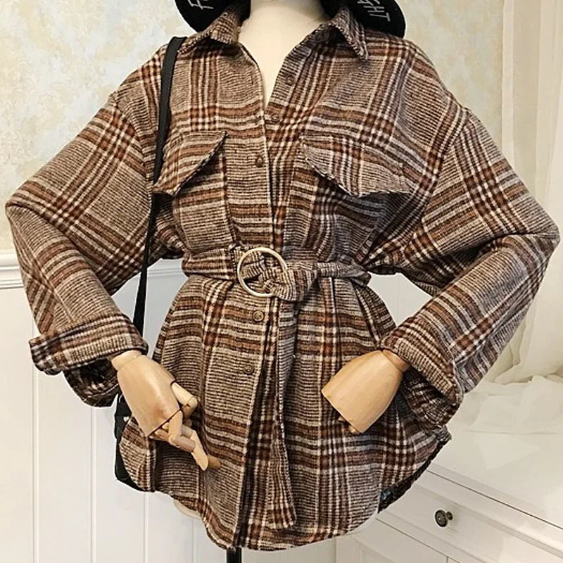 Korean Plaid Pocket Sashes Women Coats 2018 New Autumn Vogue Adjustable Waist Trench Female Long Sleeve Tops Ladies Windbreaker Coats