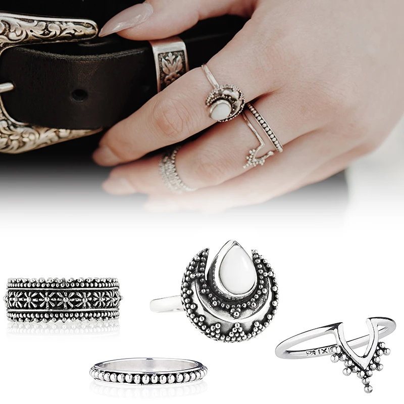 4PCS/Set Vintage Boho Women White Turquoise Silver Knuckle Ring Jewerly