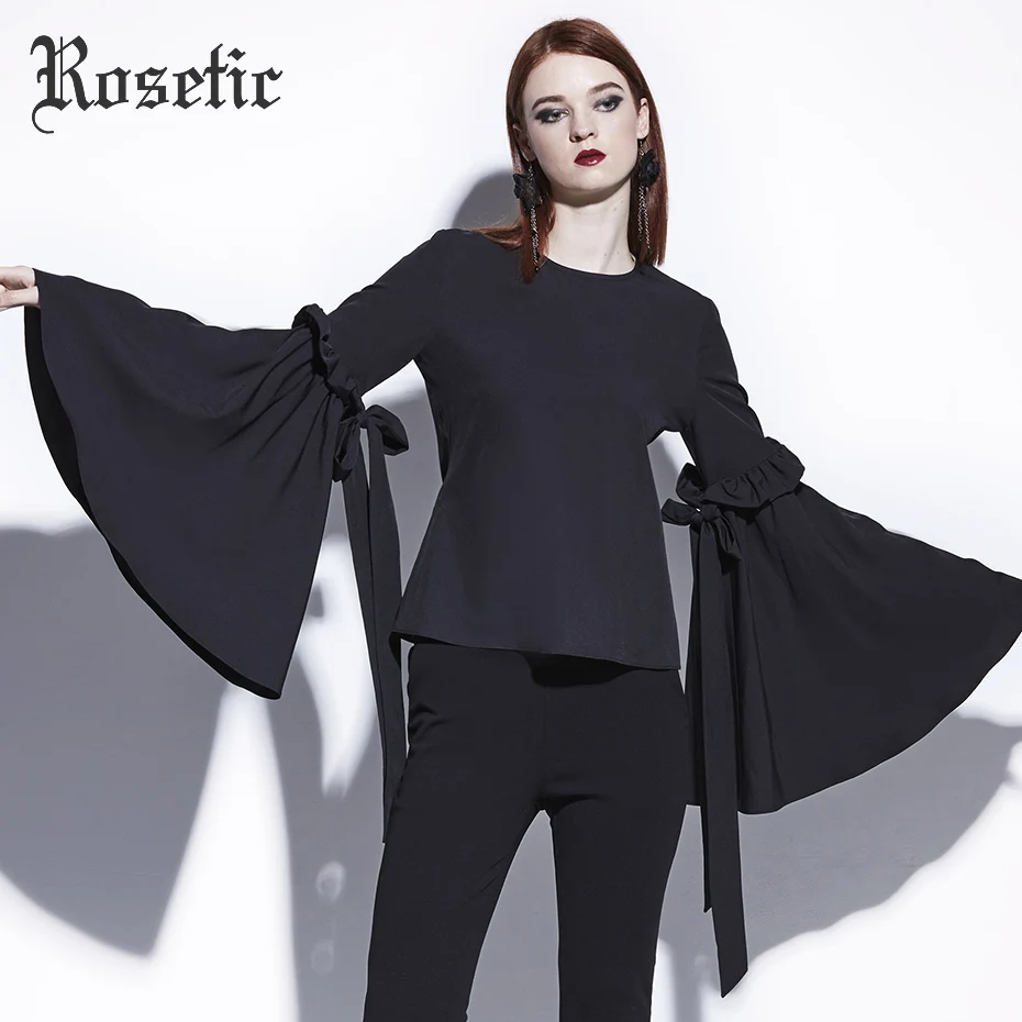

Rosetic Brand Blouse Women Goth Autumn Tops Fashion Big Flare Long Sleeve Casual Shirt Lace-Up Bandage Bow Gothic Blouses Shirts