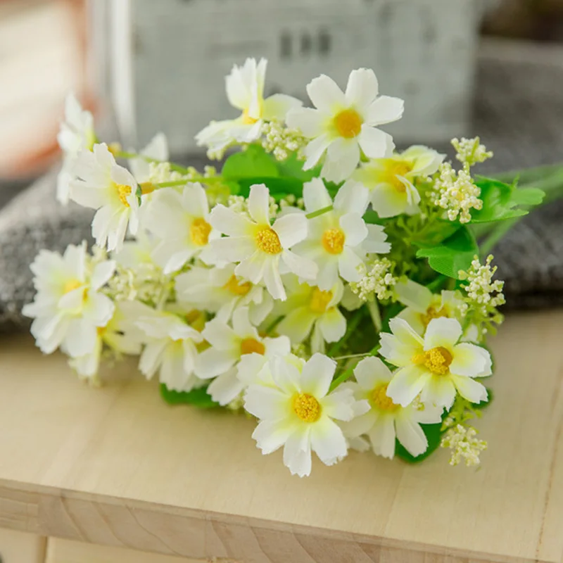 7 branch 1 Bouquet 28 heads cute silk daisy artificial decorative flower wedding flower bouquet home room table decoration - Color: white