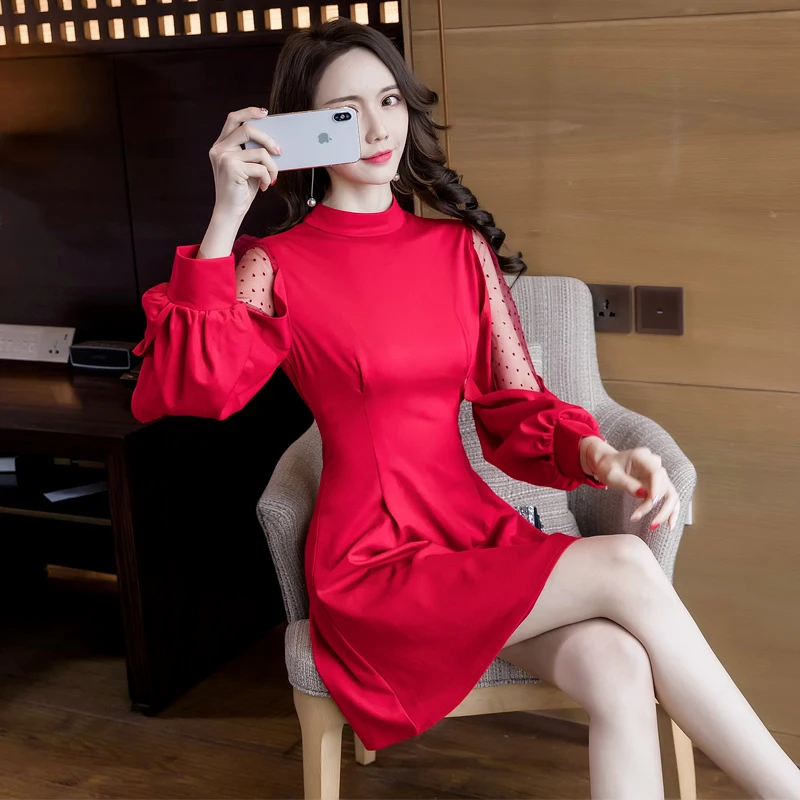 

Spring New 2019 Women Sweet Stand Collar Mini Dress Women High Waist Mesh Stitching Lantern Sleeve A-Line Dresses Red Vestidos