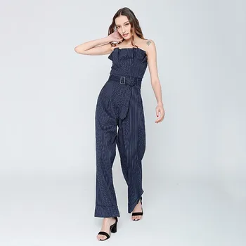 TWOTWINSTYLE Striped Jumpsuits Female Strapless High Waist With Sashes Ruched Wide Leg Trouser Womens Spring Fashion OL Clothing 2