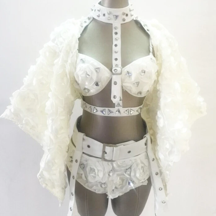 

women 2017 New style fashioin white rose flower female ds lead dancer sexy star nightclub costume leotard stage wear bodysuit