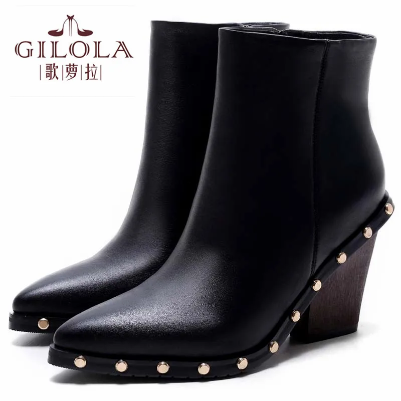 

Genuine Leather Ankle Rivets High Heels Platform Women Boots Shoes Woman Motorcycle Thick Heels #Y0118364Q