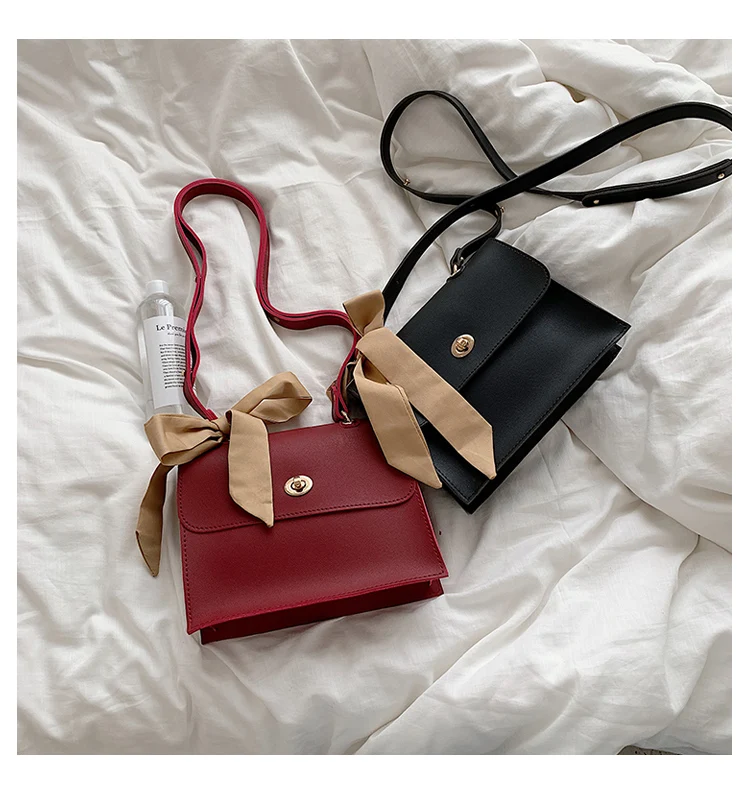 Elegant Female Ribbon Bow Flap Square bag New Quality PU Leather Women's Designer Handbag Travel Shoulder Messenger Bag