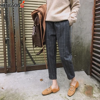 

Harajuku Plaid Harem Pants Elastic Waist Bodycon Trousers Fashion Korean Nine Pants Pantalon Femme