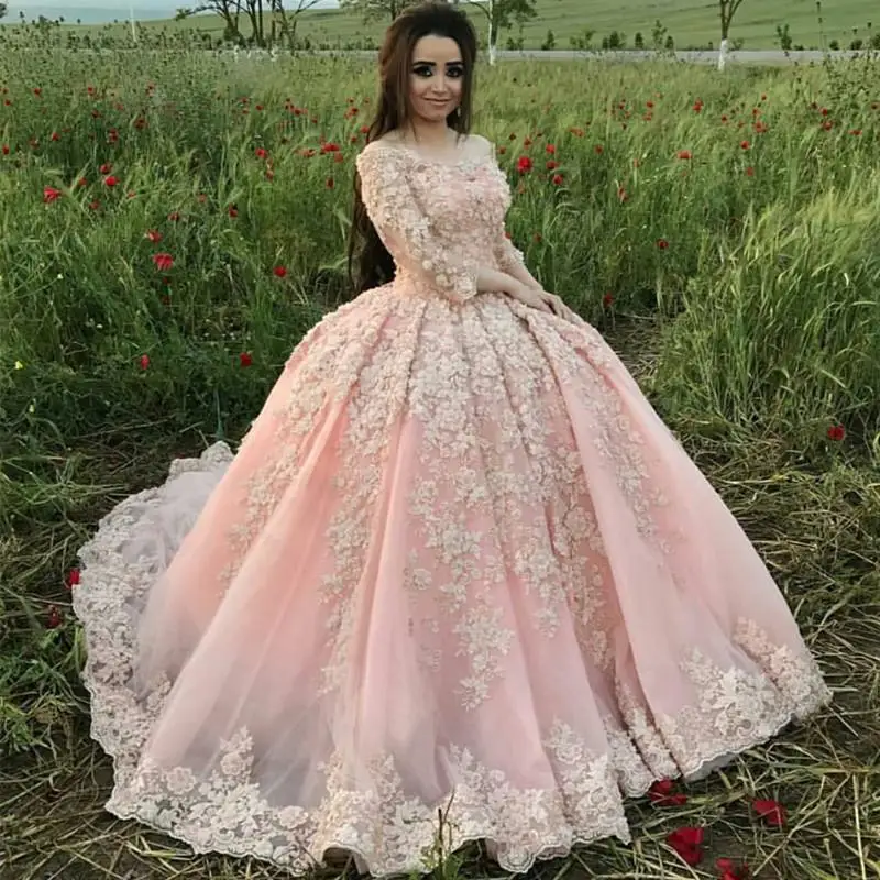 long sleeve pink wedding dress