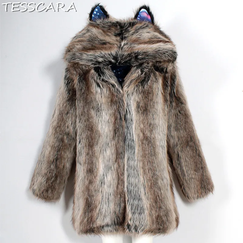 Manteaux Hiver brown Chat Base 3xl Pardessus Tesscara Oreille coffee S Fourrure Avec Femme La Plus Capuchon Femmes Taille Manteau De Mode leopard Veste Black Faux pFFZn4