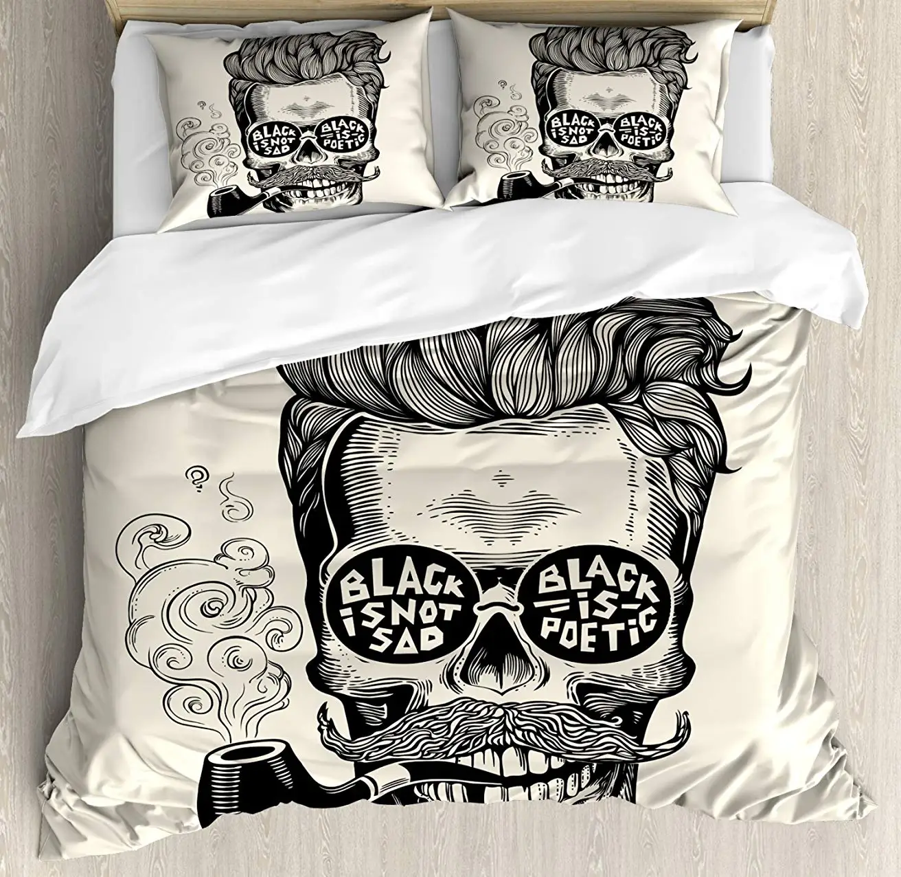 

Indie Duvet Cover Set Hipster Gentleman Skull with Mustache Pipe and Eyeglasses with Inscription Vintage 3 Piece Bedding Set