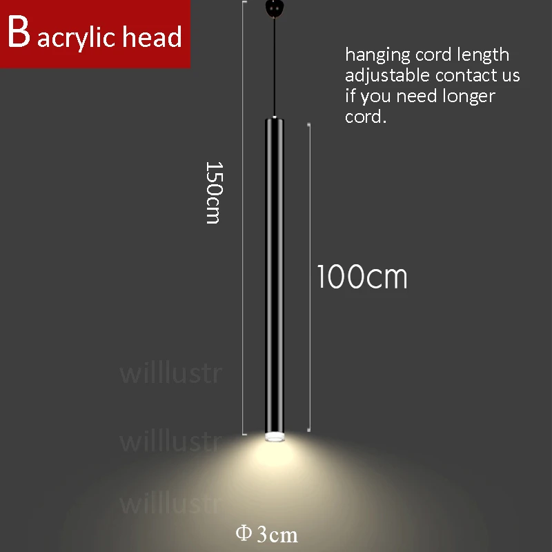 Современный светодиодный подвесной светильник алюминиевый подвесной светильник ing висячий цилиндр лампы Черный Белый трубчатый светильник минималистичный роскошный светильник s - Цвет корпуса: acrylic head  100cm