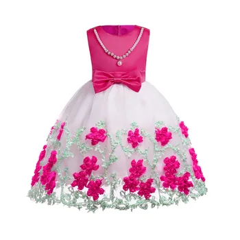 

Cute Flower Princess Party Prom Dress Bow Tie Baby Birthday Dress Girl's Tulle Dress Embroidered Pearl Rose Sleeveless Dress