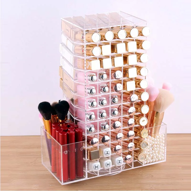 

HUNYOO Large Capacity 360 Degree Rotating Makeup box Pearl Makeup Brush Storage Barrel mac Lipstick Storage Display Props