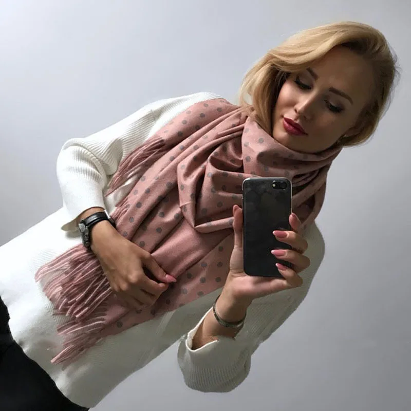 

[Lakysilk]Luxury Brand Cashmere Scarf Women Ladies Dot Print Winter Warm Soft Shawls Pashmina Tassel Long Pink Scarves & Wraps