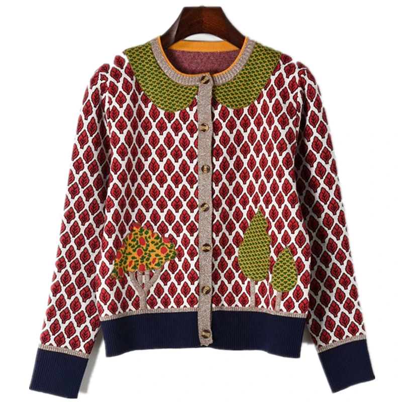 

2018 Runway Cardigans Autumn Sweater for Women Luxury Designer Jacket Long Sleeve Leaves Trees Knitted Pattern Tops Female