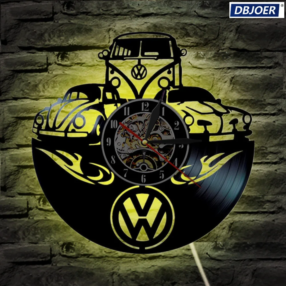 Автомобиль Volkswagen СВЕТОДИОДНЫЙ Виниловая пластинка настенные часы веер Искусство ручной работы Декор подарок уникальные декоративные виниловые часы