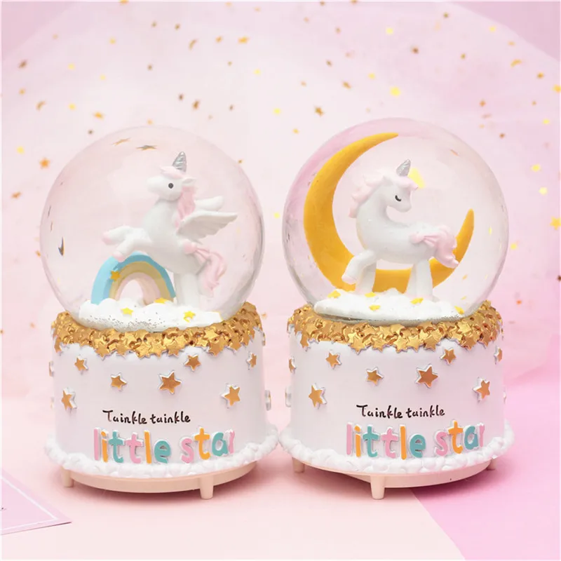 12,5 cm unicornio cristal nieve globos caja de música vidrio hogar cafetería decoración Navidad cumpleaños boda San Valentín regalo
