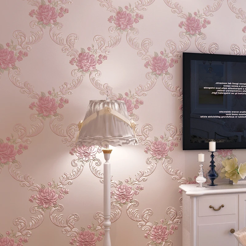 

European Style Pastoral Floral Wallpaper For Walls Bedroom Living Room Home Decor Embossed Pink Purple 3D Flower Wall Paper Roll