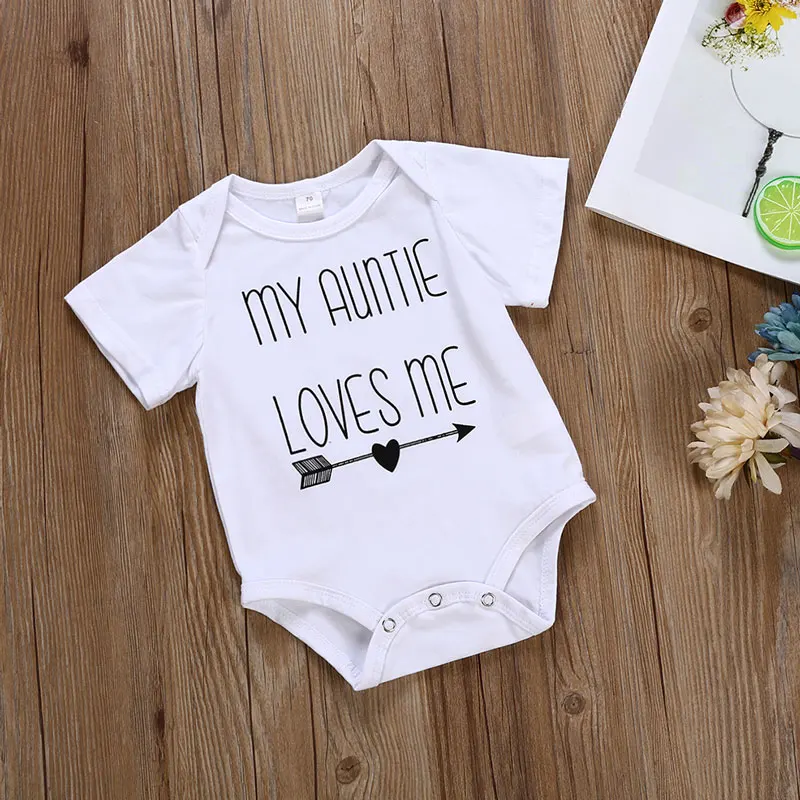 

Bodysuit Baby Boys Girls Jumpsuit Kids Letters Summer Short Sleeve O-neck Pullover My Auntie Love Me Cotton Clothes Outfits