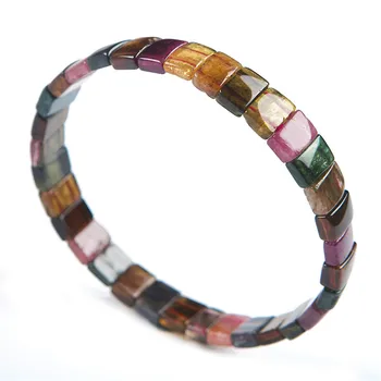 

Genuine Natural Crystal Rectangle Beads Colorful Tourmaline Stone Fashion Stretch Bracelet Women Gift 9*7*4mm