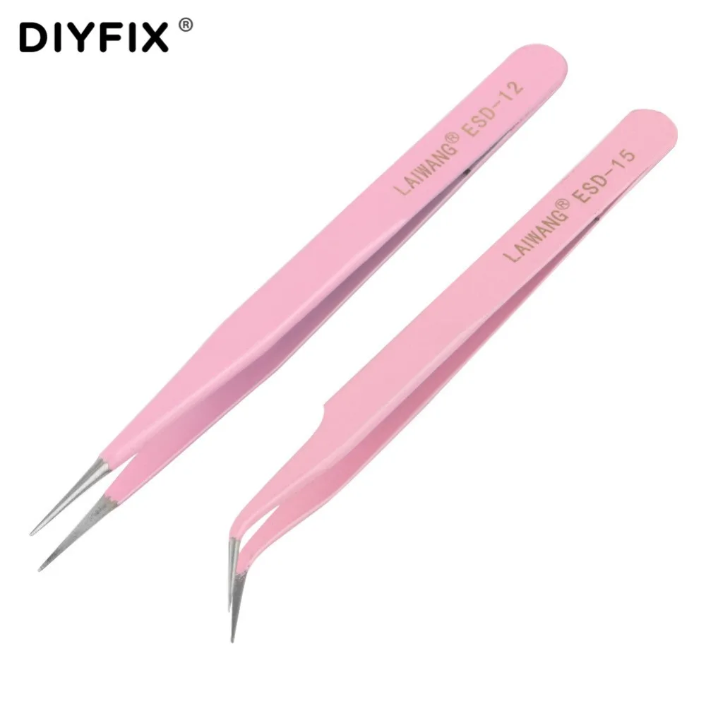 DIYFIX 2Pcs Eyelash Extension Tweezers Straight Curved Forceps Pliers for Nail Art Jewelry DIY Gem Decor Picking Hand Tools Kit