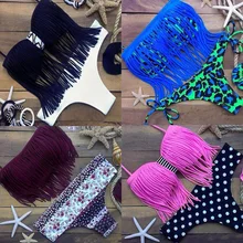 Tassel Sexy Floral Brasileño Bikini Halter Set 2016 Venta Caliente Cadena Traje de Baño Triángulo Traje de Baño Femenino Push Up Women Swimsuit