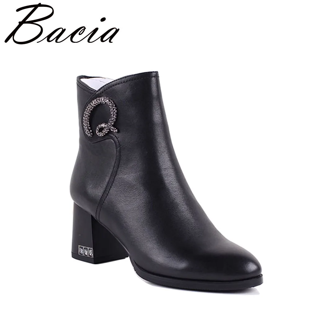

Bacia 2017 Genuine Leather Boots Thich Heel Ankle Length Boots Crystal Women Autumn Shoes Natual Leather Boots Size 36-40 MC006