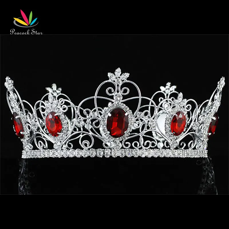 

Peacock Star Free Shipping Wholesale Pageant Prom Accessories Full Circle Tiara Red Crystal King / Queen Crown CT1722