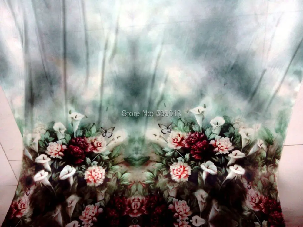 

Fashion Women Super High-end Computer Digital Prints Heavy Stretchy Natural Silk Fabric Green Flowers Woven Wholesale wide