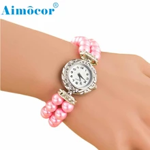 2016 Women Girl Students Beautiful Fashion Brand New Golden Pearl Quartz Bracelet Watch Z504 5Down