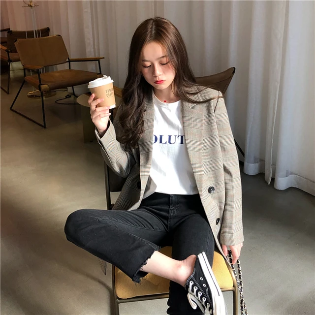 Office Ladies Notched Collar Plaid Women Blazer Double Breasted Autumn Jacket 2020 Casual Pockets Female Suits Coat -