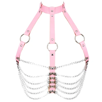 

Pink Red Leather Harness Body Bondage Cage Bra Sexy Goth Body Chain Hollow Out Lingerie Halloween Dance Festival Rave for Women