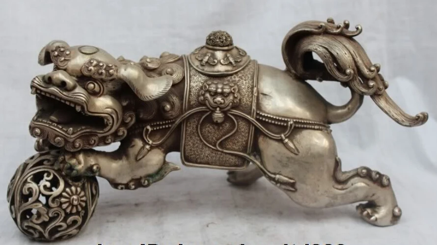 

JP S62 16"Lucky Chinese House Feng Shui Silver Foo Fu Dog & Lion Beast WIth Ball Statue