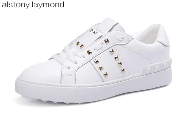 

fashion spikes women sneaker sport shoes 2018 genuine leather women flats shoes golden rivets lace up women casual shoes big