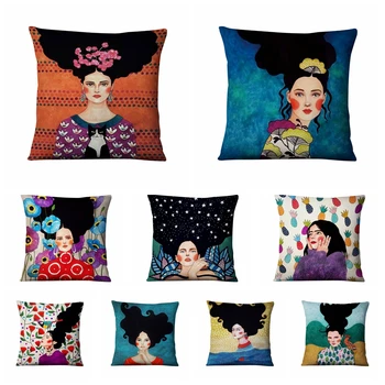 

Nordic Retro Girls Thin Linen Printed Pillowcase Painting Lady Cushion Decorative Pillows Home Decor Sofa Throw Pillow 45*45
