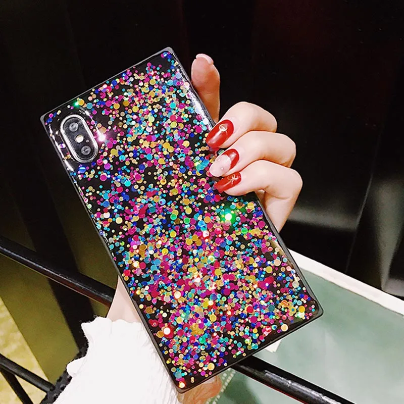 Роскошные Яркие Блестящие чехлы для телефонов iPhone X XR XS MAX квадратные силиконовые