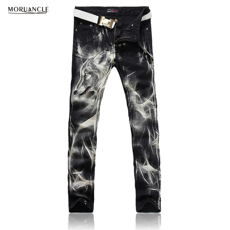 MORUANCLE New Fashion 2017 Mens Printed Jeans Pants Punk Style Wolf Painted Cotton Straight Leg Cool