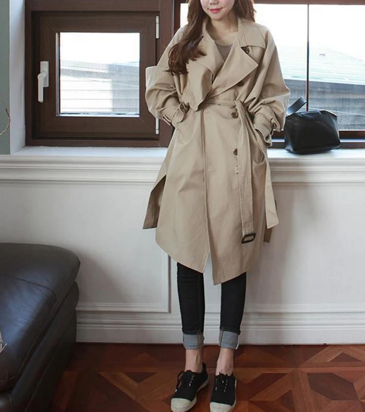 

2018 Spring New Korean Double Button Shoulder Sleeve Medium Length Knee Split Wind Female Windbreaker Women Trench