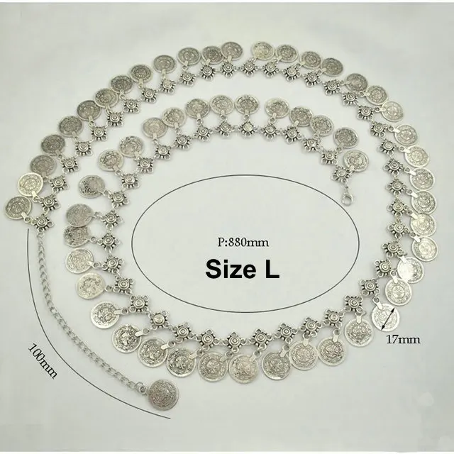 Женский серебряный пояс с монетами для Танцев Живота, металлические монеты для хип-шарфа, пояс-цепочка на талию, ювелирные изделия, вечерние болтаются - Цвет: SIZE L