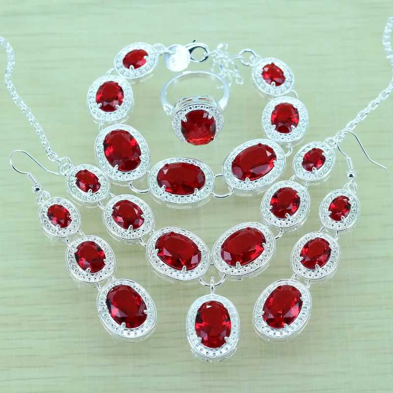 

925-Sterling-Silver Red Garnet Jewelry Sets Silver Bracelets/Drop Earrings/Ring/Necklace/Pendant For Women Jewery Box