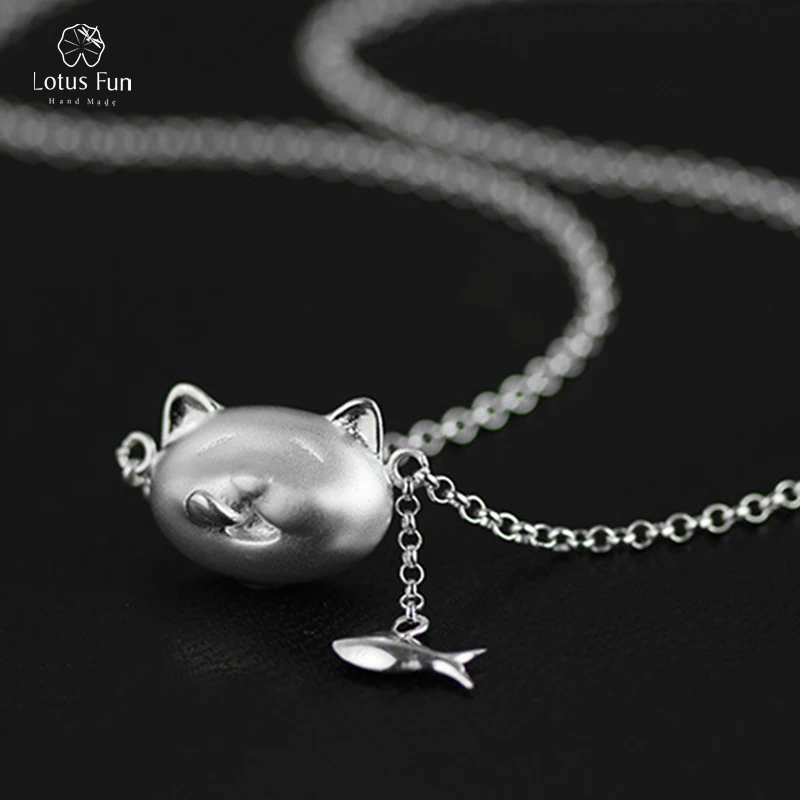 Lotus Fun Real 925 Sterling Silver Pendants Necklaces for Women Unique Pink Cat Fish Chain Necklaces Fine Jewelry Dropshipping