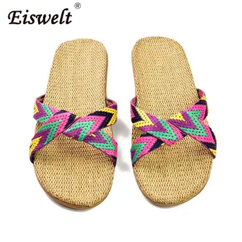 

EISWELT 2018 Fashion Flax Home Slippers Indoor Floor Shoes Cross Belt Silent Sweat Slippers For Summer Women Sandals